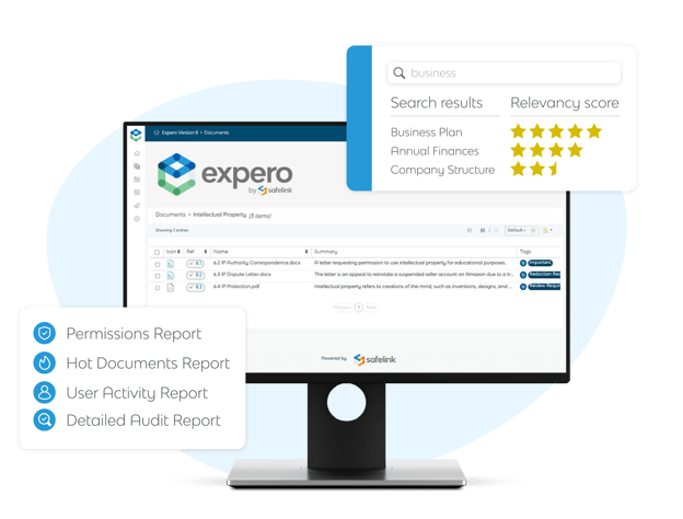 A computer screen displaying search bar, relevancy scores, and some key features of Expero